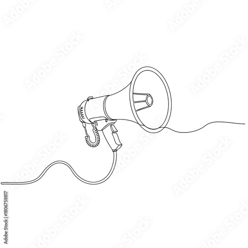 Megaphone illustration isolated on, a symbol of communication and announcement, drawn with a single continuous line for a modern look