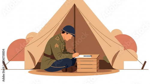 Soldier writes letter home from tent during wartime, expressing longing and hope for peace in a poignant scene.