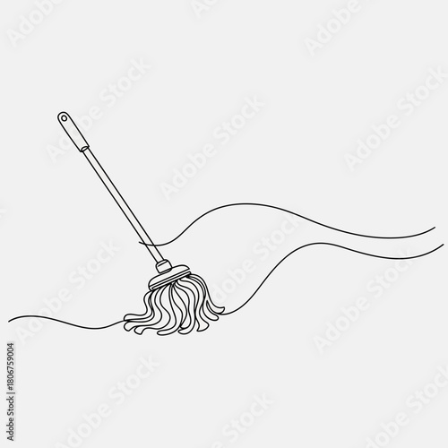 Continuous line drawing of a mop cleaning the floor isolated on represents cleanliness, hygiene, and household chores in a simple style