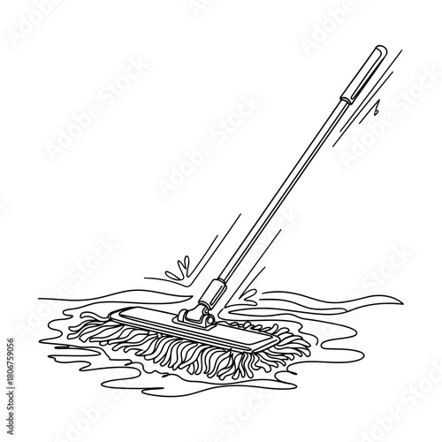 Continuous line drawing of mop cleaning floor simple single line drawing of a mop wiping the floor isolated on