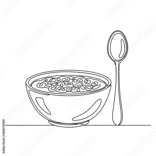 Bowl of cereal with spoon in continuous line drawing isolated on minimalist breakfast design for healthy food, nutrition, diet