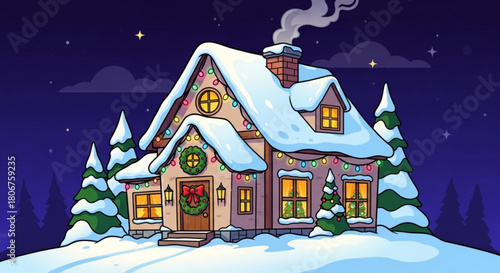 A cozy christmas house adorned with lights and snow, nestled among pine trees under a starry night sky, creating a magical and festive winter wonderland scene