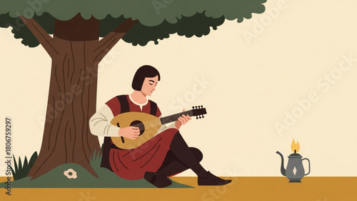 Man plays lute under tree in peaceful meadow with teapot nearby, creating a serene and artistic atmosphere.