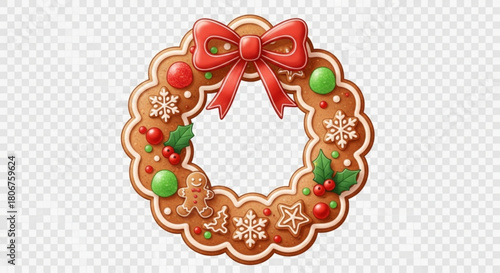 A festive gingerbread wreath with a red bow, adorned with gingerbread cookies in various shapes, including snowflakes, stars, and gingerbread men