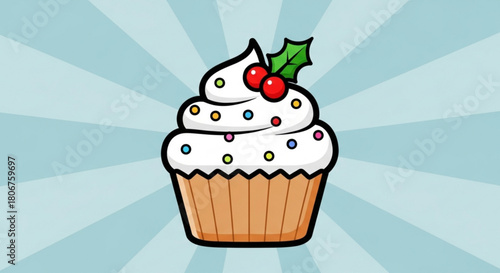 A festive cupcake with white frosting, holly berries, and colorful sprinkles on a blue background with radial rays, perfect for holiday celebrations