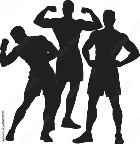 Silhouettes of muscular men flexing arms and posing, fitness strength concept, bodybuilding stance, athletic male training illustration