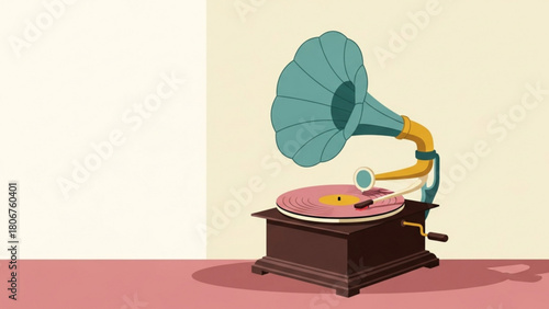 Antique gramophone plays music in vintage room, creating nostalgic atmosphere with warm colors and retro charm.