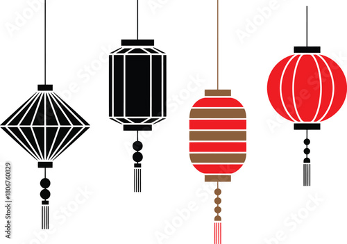 Set of Asian Decorative Lanterns Vector Traditional Chinese and Japanese Ornament Collection