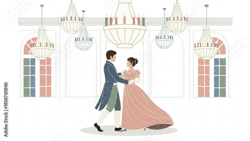 Elegant couple dancing in grand ballroom under chandeliers during historical reenactment, capturing romantic and sophisticated atmosphere.