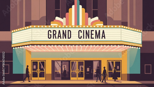 Retro cinema building stands proudly on a city street corner, showcasing its grand marquee and inviting entrance, evoking a sense of nostalgia and classic entertainment.