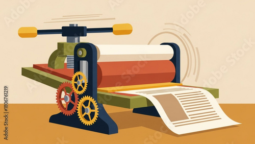 Vintage printing press producing newspaper in workshop, showcasing traditional craftsmanship and historical printing methods with warm, nostalgic tone.