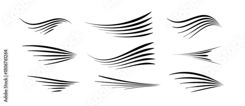 Flowing wind motion line. Air logo wave. Air movement and gust symbol pack. Vector