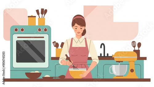 Woman mixing ingredients in a bowl in a retro kitchen with vintage appliances, creating a cozy and nostalgic atmosphere.