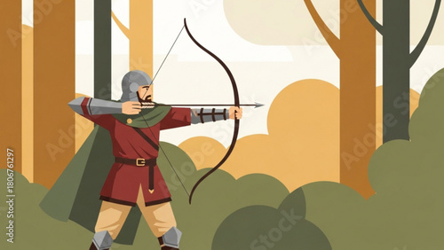 Medieval archer aiming bow and arrow in dense forest, wearing armor and cloak, ready for battle in a scene of historical adventure.