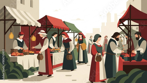 People browse stalls at medieval market square, purchasing goods and interacting with vendors in a bustling, historical atmosphere.