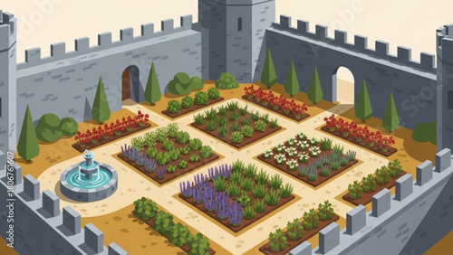 Beautiful garden flourishes within castle walls, showcasing vibrant plants and tranquil fountain in peaceful medieval setting.