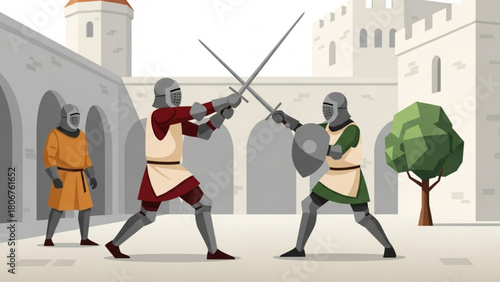 Medieval knights dueling in castle courtyard during tournament displaying skill and honor in historical reenactment, showcasing bravery and tradition.