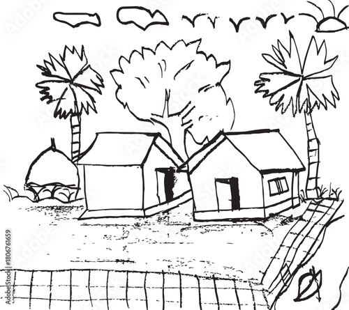 A unique village view with a bamboo fence in front of the house and two large palm trees on either side of the yard.