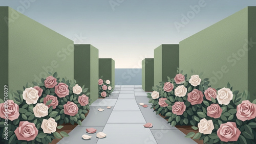 Rose bushes line a stone pathway through a formal garden with trimmed hedges on a bright, clear day, creating a sense of peace and tranquility.