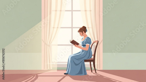 Woman in blue dress reads a book by the window in a bright, airy room, creating a peaceful and serene atmosphere, perfect for a relaxing afternoon of reading.