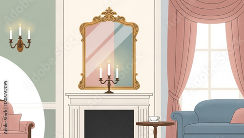 Elegant living room showcases a fireplace, mirror, and window with curtains, creating a cozy and sophisticated atmosphere in a classic style interior.