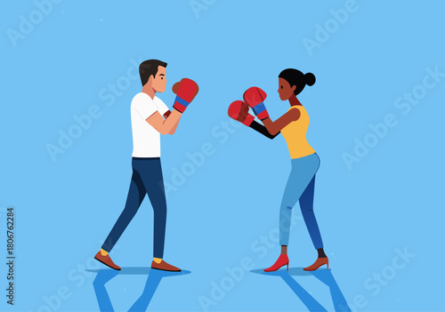 Couple in Assertive Stance, Boxing Gloves Confrontation