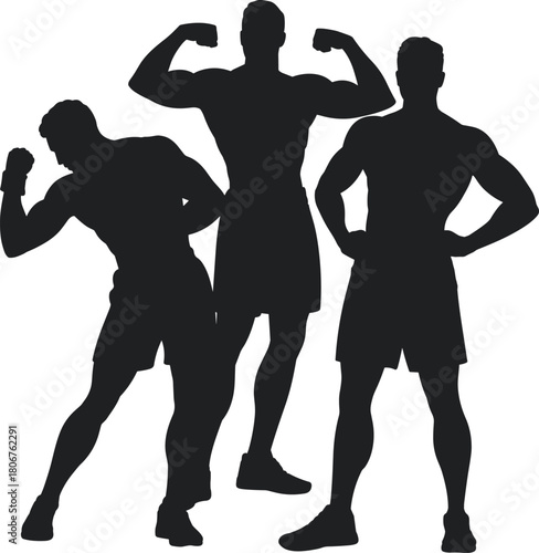 Silhouettes of muscular men posing in strong bodybuilding stances, fitness strength concept illustration, athletic male flexing poses