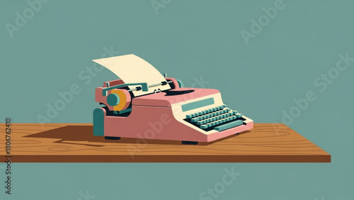 Pink typewriter sits on wooden shelf against teal wall, symbolizing vintage writing and creative inspiration in a minimalist, retro aesthetic.