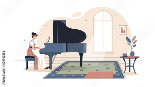 Elegant woman playing grand piano in bright living room with rug and arched window, creating a peaceful and artistic atmosphere.