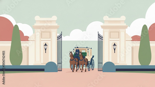Horsedrawn carriage passes through ornate gates leading to a grand estate on a bright, sunny day, evoking a sense of elegance and timelessness.
