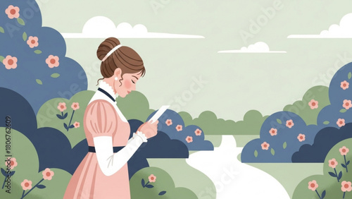 Pensive young woman reading a letter in a serene garden surrounded by blooming flowers and lush greenery, conveying a sense of nostalgia and romance.