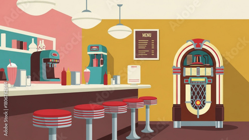 Retro diner interior showcasing a classic jukebox, soda fountain, and red vinyl booths, evoking a nostalgic and vintage atmosphere.