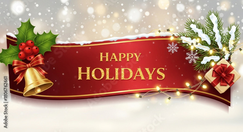 A festive banner with the words happy holidays, adorned with holly, a golden bell, and a wrapped gift, set against a backdrop of falling snow and twinkling lights