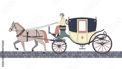 Horsedrawn carriage transports passengers along cobblestone street, showcasing historical mode of transport with vintage charm and elegance.