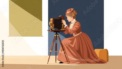Victorian woman taking photograph with antique camera in studio with natural light creating vintage atmosphere and nostalgic feeling.