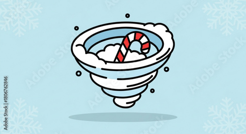 A whimsical illustration of a candy cane caught in a swirling snowstorm, set against a light blue backdrop with delicate snowflake accents, creating a festive winter scene