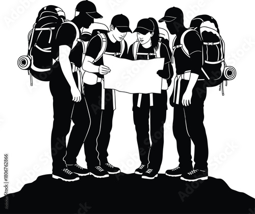 Group of hikers looking at map planning adventure travel backpacking trip eps silhouette