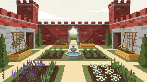 Tranquil castle garden featuring symmetrical flower beds and a central fountain evokes a sense of peace and order in a historical setting.