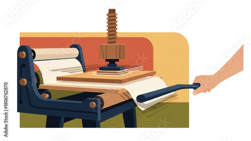 Hand operating vintage printing press in workshop, creating books and documents with meticulous detail, evoking a sense of historical craftsmanship.