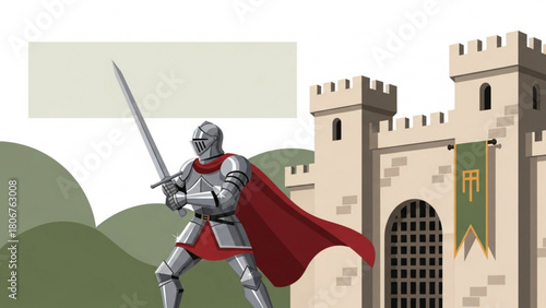 Brave knight stands guard before the castle gates with a gleaming sword, ready to defend the kingdom from any approaching danger, evoking a sense of courage and chivalry.
