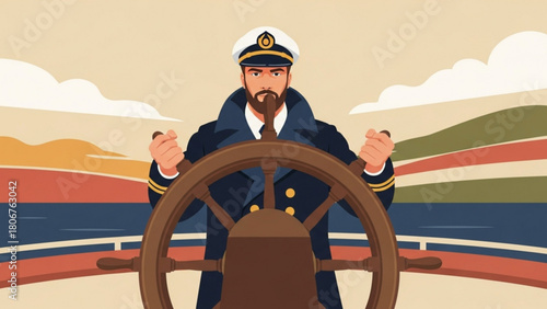 Bearded captain steers ship on open sea during sunset with confident expression and nautical theme, evoking sense of adventure and maritime tradition.