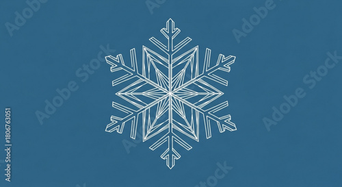 A detailed illustration of a white snowflake against a blue background, showcasing intricate geometric patterns and a delicate, symmetrical design, evoking winter and cold