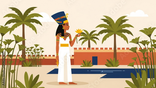 Egyptian queen stands gracefully in her lush garden, holding a lotus flower, surrounded by palm trees and ancient architecture, evoking a sense of timeless elegance.