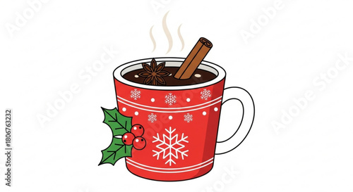 A steaming mug of mulled wine with cinnamon and star anise, a classic winter beverage, isolated on a warm and inviting holiday drink