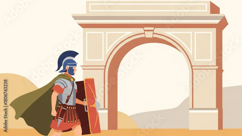 Roman soldier marches through ancient archway in desert landscape, wearing helmet and carrying shield, evoking historical strength and resilience.