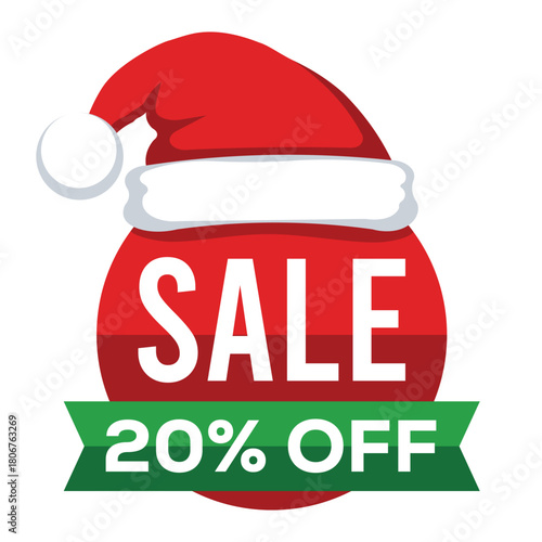 A fun, festive Christmas sale graphic featuring a red Santa hat perched atop a red circle containing the word "SALE." A green banner below aggressively advertises "20% OFF," creating an exaggerated h