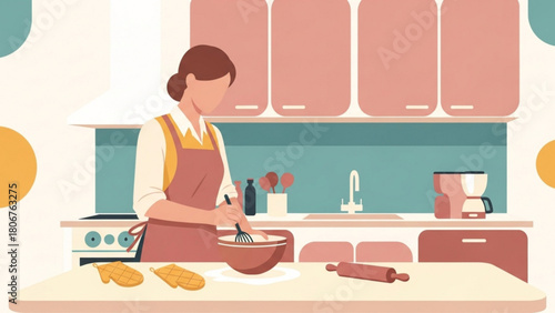 Woman mixes ingredients in bowl in modern kitchen while preparing meal, showcasing domestic scene and culinary lifestyle with warm, inviting atmosphere.