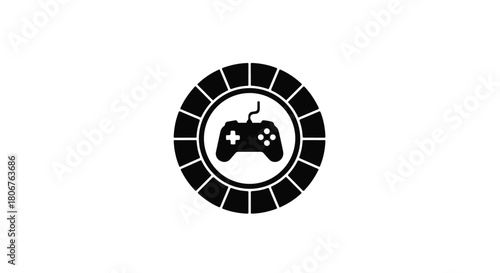 Retro video game controller icon inside a circular segmented frame, symbolizing classic gaming and entertainment.