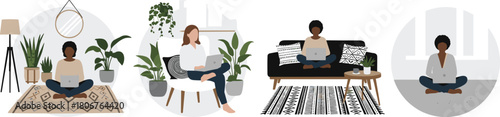 Collection of diverse people working remotely from home on laptops, sitting on floor and sofa, cozy boho flat vector illustration.