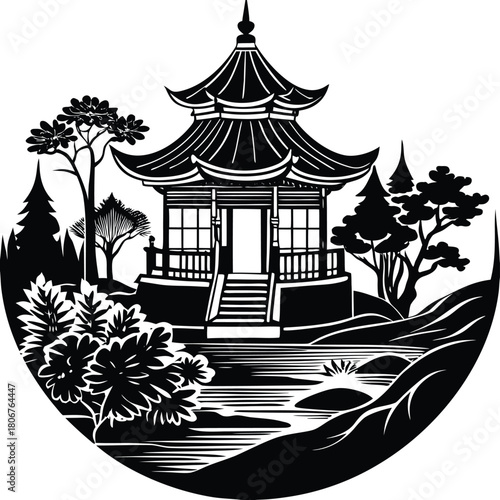 vector illustration of a japanese garden
